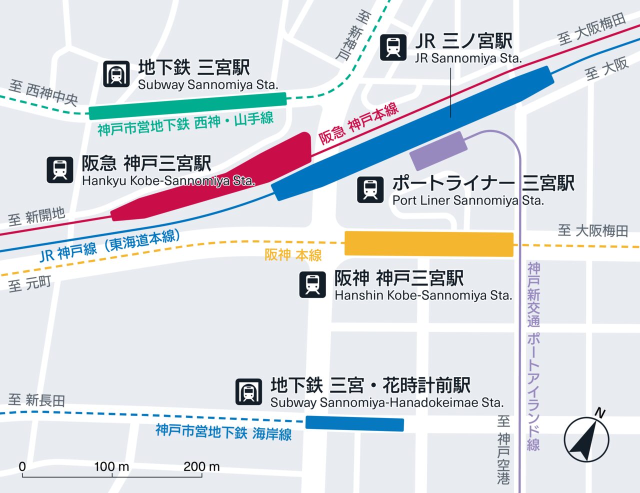 三ノ宮周辺の駅の詳細を示した地図