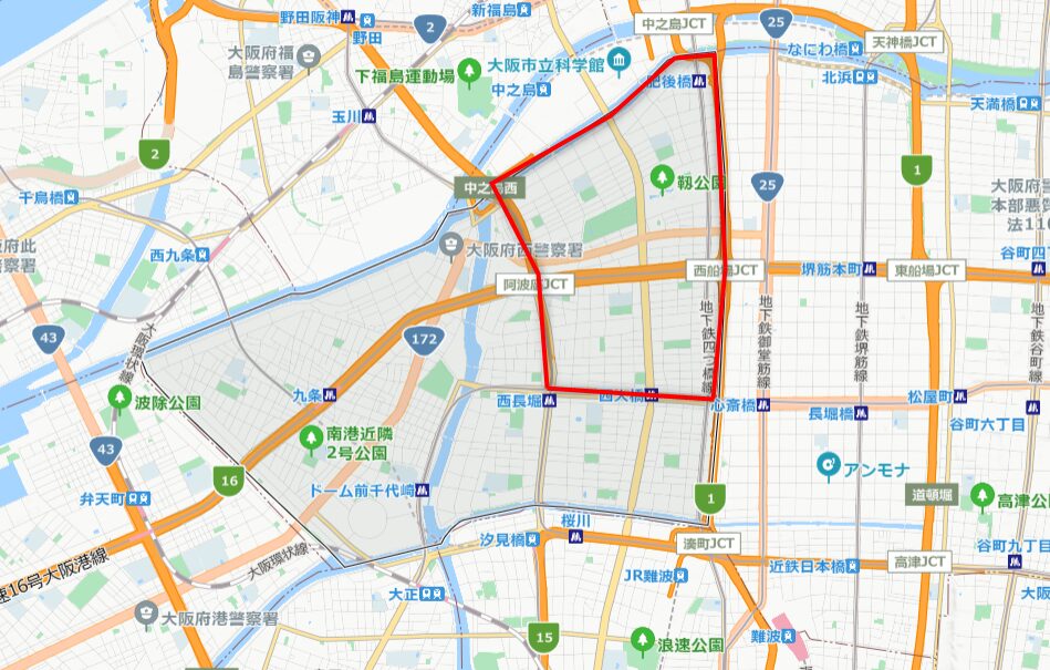 大阪市西区の人気エリアを地図にプロット